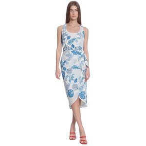 DONNA MORGAN NWT White/Blue Seascape Print Tie Waist Tulip Hem Midi Dress Sz 18